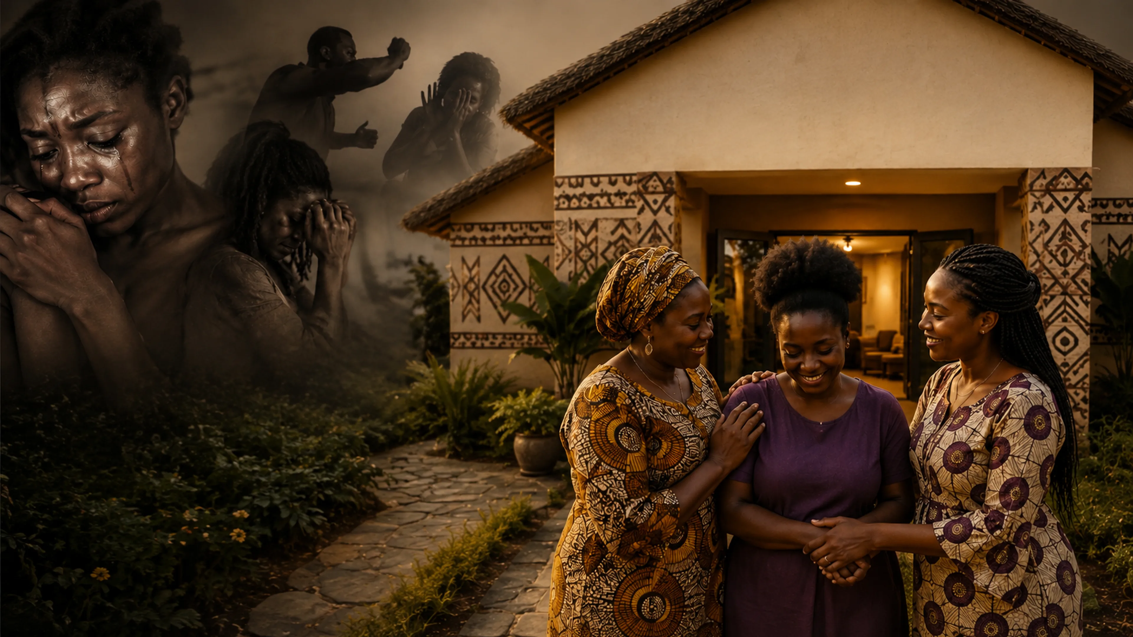 A woman walking away from violence towards safety, support and restoration